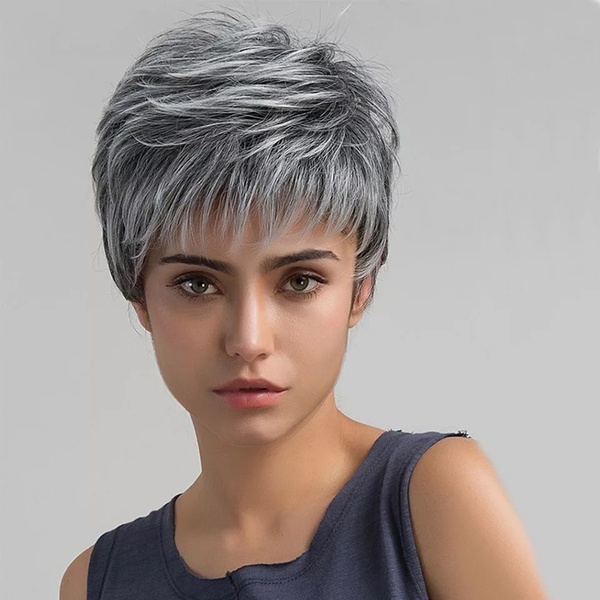 High Denisty Short Pixie Cut Hairstyle Fashion Wigs Ombre Grey Hair