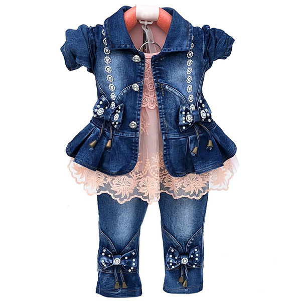 DWSFADA Spring Autumn Infant Little Baby Girls Long Sleeves T Shirt Denim Jacket Jeans Pants 3 Pieces Sets 80cm