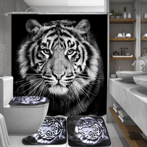 1 3 4pcs Tiger Black Printing Bathroom, Tiger Shower Curtain Set