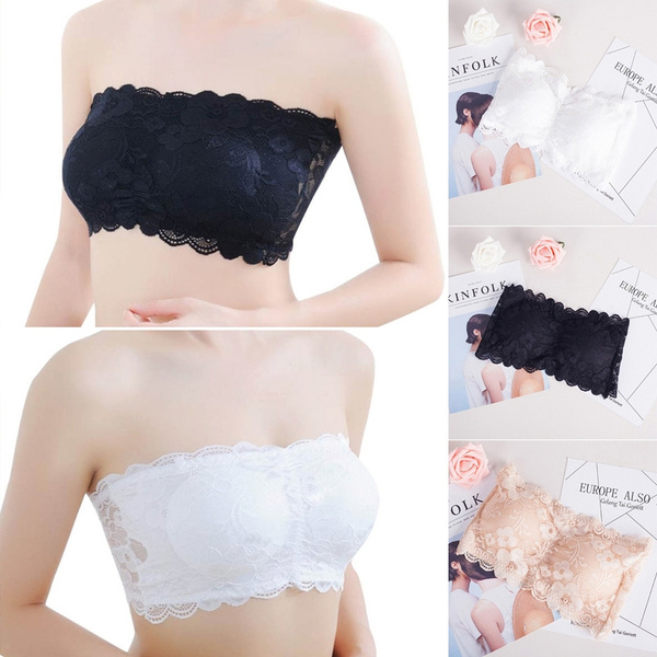Women's Lace Bras Casual Crop Top Strapless Seamless Bras Solid