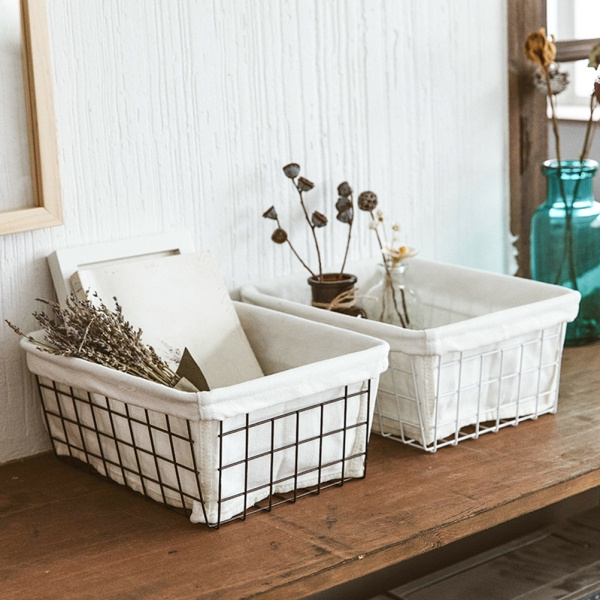 28.5x22x12cm Wrought Iron Storage Basket Desktop Bathroom Toiletries  Organizer Kitchen Vegetable Seasoning Basket with/without Lining Cloth