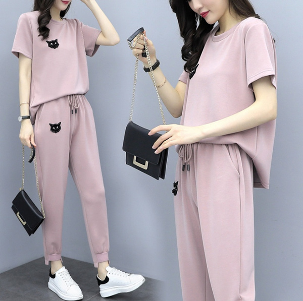 New style t-shirt + pants two-piece suit Summer new ladies sports suit  Fashion Korean version of loose casual two-piece suit