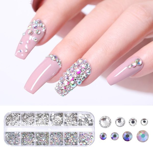 1 Box Ab Color Nail Rhinestone With Dotting Pen Clear Flat Bottom Multi Size Crystals Manicure Nail Art 3d Decoration Strass Gem Wish