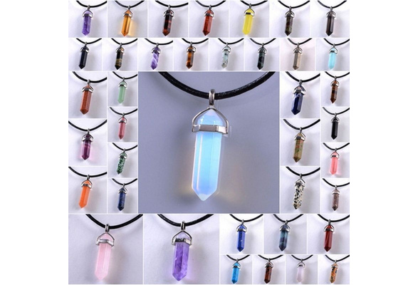Healing Point Cross Natural Stone Quartz Crystal Pendant Necklace Chakra Leather