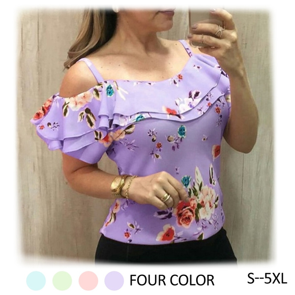 Summer Casual Off Shoulder Floral Print Tops Blouses for Women
