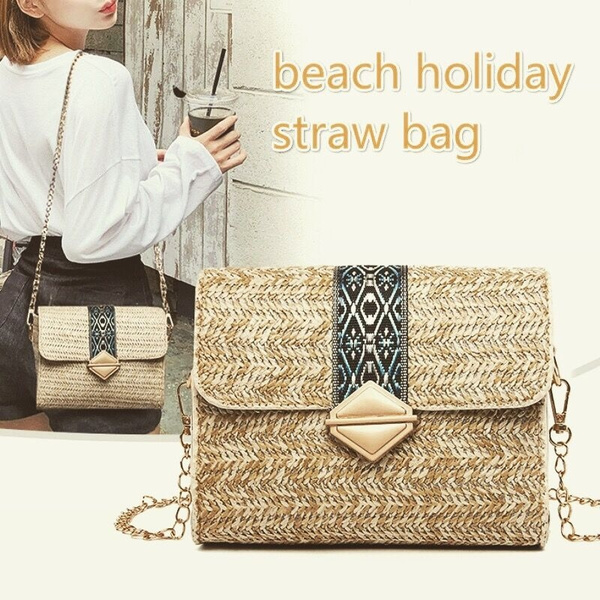 Women Straw Bag Solid Color Square Bags Ladies Straw Beach Bags