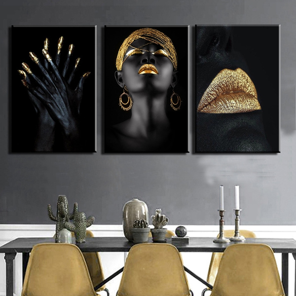 Designart Woman Lips With Black Leather and Gold Foil Modern