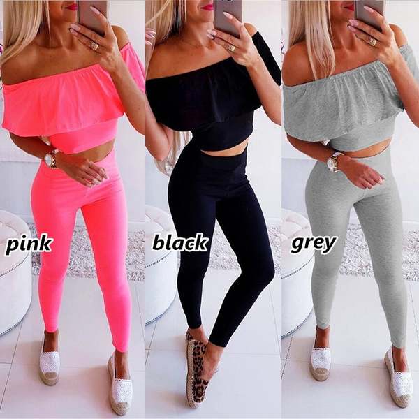 Summer Womens Outfits Slash Neck Ruffles Crop Top and Skinny Leggings Two  Piece Outfit