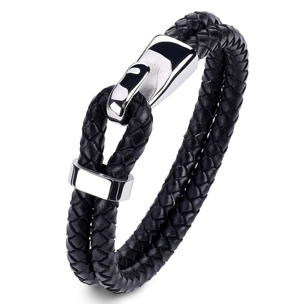 Men Vintage Jewelry Double Layer Braided Leather Cord Hook