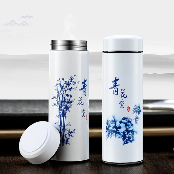 Ceramic Thermos Cup, Double Glaze, Ceramic Liner, Water Glass, Blue and  White Porcelain.