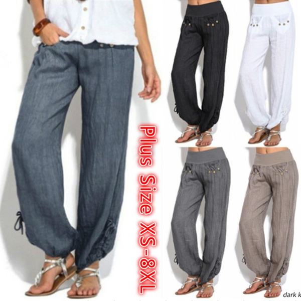Women Casual Loose Linen Trousers Solid Color Sport Yoga Comfortable ...