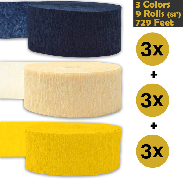 Made in USA Classic Yellow Crepe Party Streamers 3 Colors 243 per color 739 ft Ivory - For party Decorations and Crafts Bleed Resistant 9 rolls Dark Navy Blue Flame Resistant 3 rolls per color, 81 foot each roll 