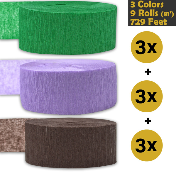 - For party Decorations and Crafts 3 Colors Ivory 739 ft 9 rolls Made in USA 243 per color Crepe Party Streamers Brown Emerald Green 3 rolls per color, 81 foot each roll Flame Resistant Bleed Resistant