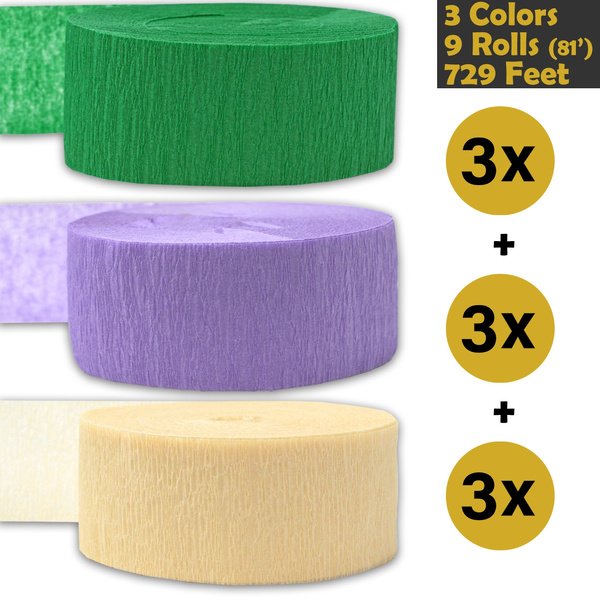 - For party Decorations and Crafts 3 Colors Ivory 739 ft 9 rolls Made in USA 243 per color Crepe Party Streamers Brown Emerald Green 3 rolls per color, 81 foot each roll Flame Resistant Bleed Resistant