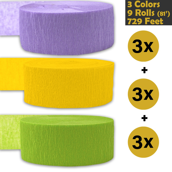 243 per color Lime Green - For party Decorations and Crafts 3 Colors Flame Resistant 739 ft 3 rolls per color, 81 foot each roll French Violet Forest Green 9 rolls Crepe Party Streamers Bleed Resistant Made in USA 