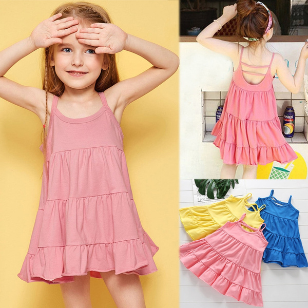 Summer Toddler Baby Girls Kids Sleeveless Solid Print Dress Vest Dresses Clothes