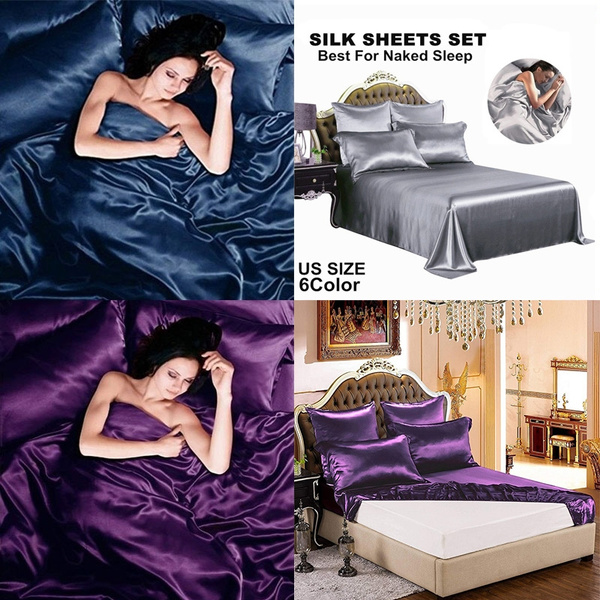 Satin Soft Silk Double Bed Purple Sheet Set Bedroom Decor 