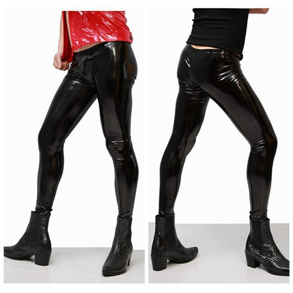 Men Rubber Latex Legging Stretch Wet Look Fitted Skinny Pants Trousers  Stage Club Wear