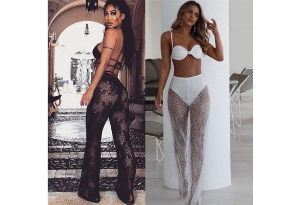 Women Lace See Through Wide Leg Long Beach Pants Lady Sexy High Waist  Trousers Black/white Summer Holiday Mesh Perspective Pants - Pants & Capris  - AliExpress