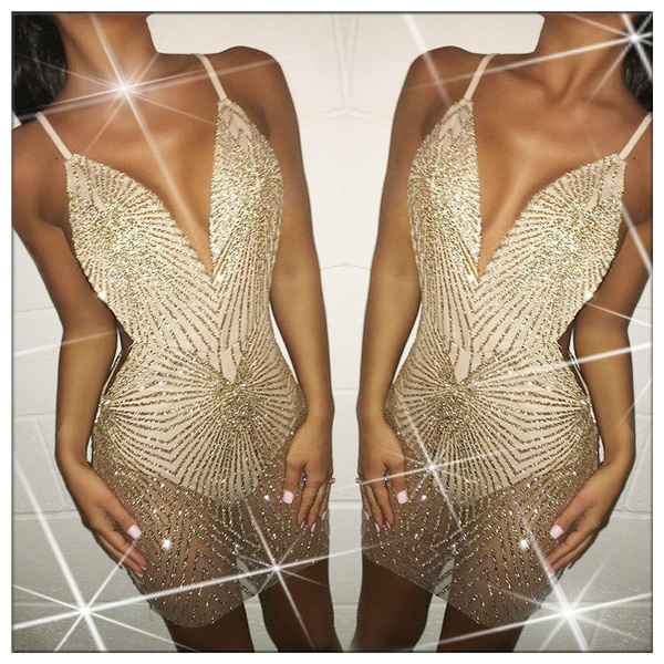 Sequin Sleeveless Sling Party Dressbodycon Dress Gold Dresses for Woman  Deep V Neck Club Wear | Wish
