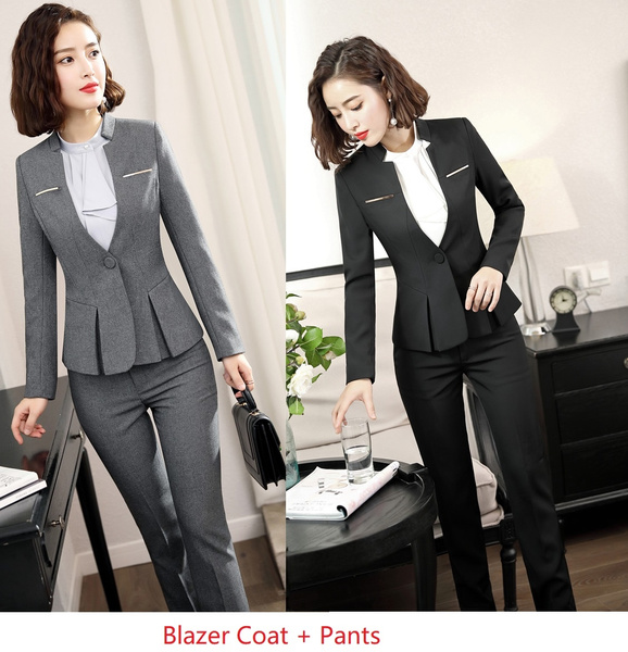 2019 Spring Autumn Formal Business Women Pantsuits With Jackets and Pants  for Ladies Office Uniform Styles Female Blazers Trousers Sets Career  Interview Job Clothing Sets Elegant Black Gray Plus Size
