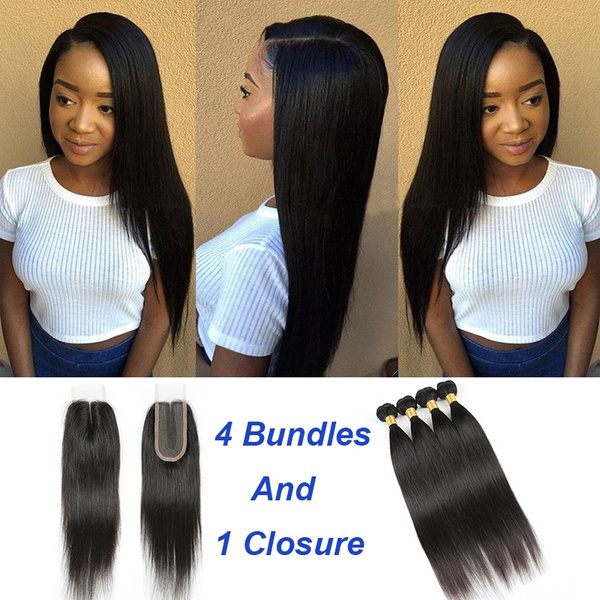 Peruvian Hiar Bundles With Closure 100% Human Hair Weave With 2x4 Middle  Part Closure With baby Hair 14inch - 22inch Straight Remy Hair Extension  For Black Women | Wish