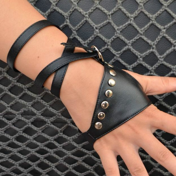 Womens Wrist Band PU Leather Fingerless Gloves Goth Punk Rock