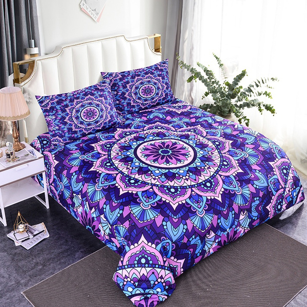 Blue And Purple 3d Mandala Bedding Set, Dark Purple Duvet Cover Queen