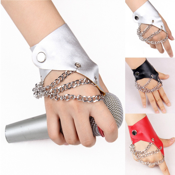 Womens Wrist Band PU Leather Fingerless Gloves Goth Punk Rock