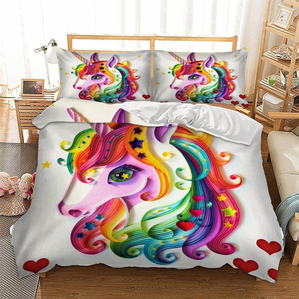 New Design Cartoon 3d Hd Printing Unicorn 2 3pcs Kids And Polyester Quilt Cover Pillow Covers Bedding Set Single Twin Double Full Queen King Size For Choice Wish Cartoon 3d Hd Printing Unicorn, Super King Size Unicorn Bedding
