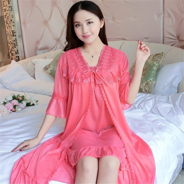 2019 Women Satin Nightgown Lace Sleepwear Half Sleeve Ladies Silk Nightwear  Sleep Wear Night Gown Dress