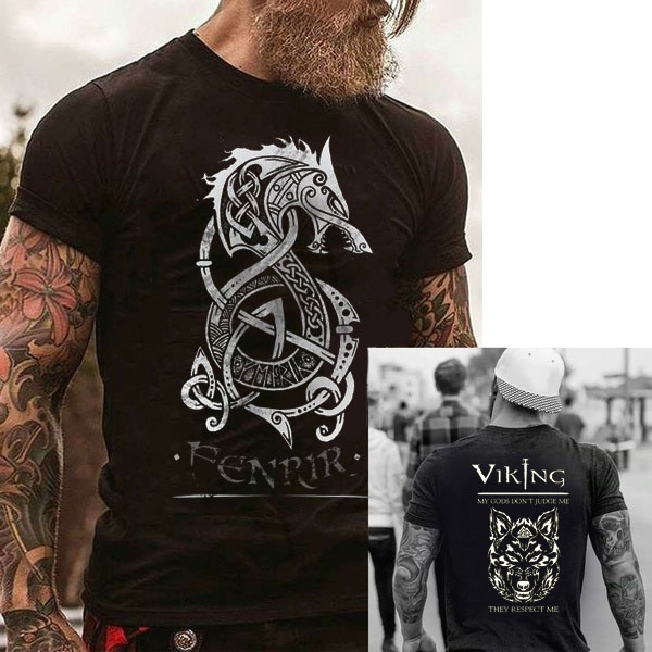 2019 New Men Shirt Viking Tee Shirts Norse Mythology Fenrir Tees Cotton Short Sleeve Shirt