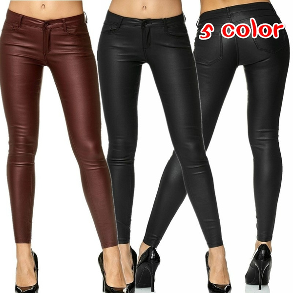 PU Leather Denim Pants for Women Sexy Tight Stretchy Rider Leggings Black  Coffee | Wish