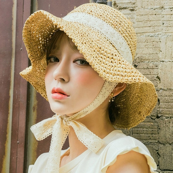 Summer Hats Straw Sun Hat Lady Girls Lace Ribbon Bow Beach Hat Floppy Travel Folding