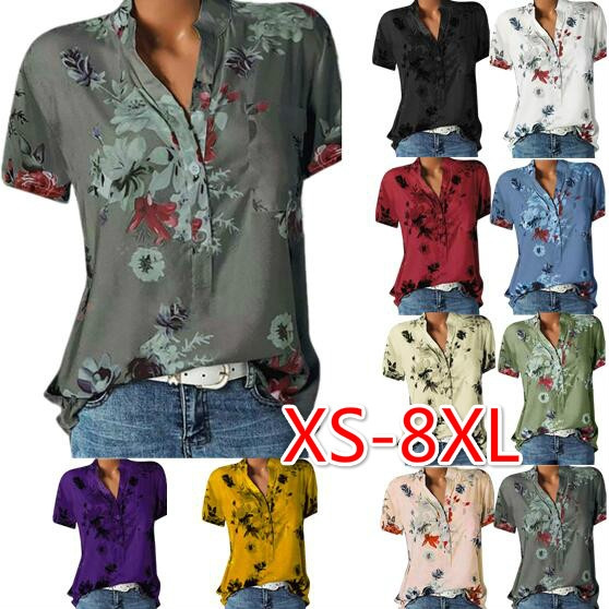 Plus Size Womens Floral V Neck Short Sleeve T-Shirt Summer Casual Loose Blouse