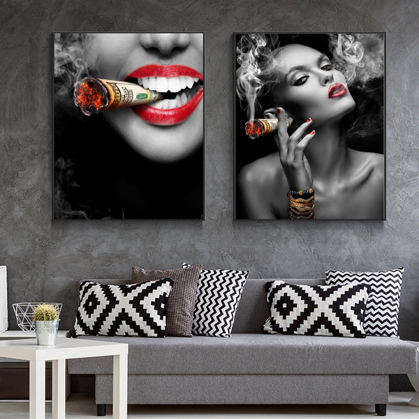 Luxury Money Lips Black Canvas Prints Wall Art - Canvas Painting