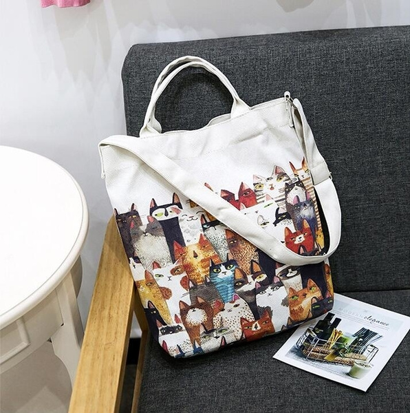 Cute Cat Canvas Hand Bag Casual Printing Shopping Bag Shoulder Bag