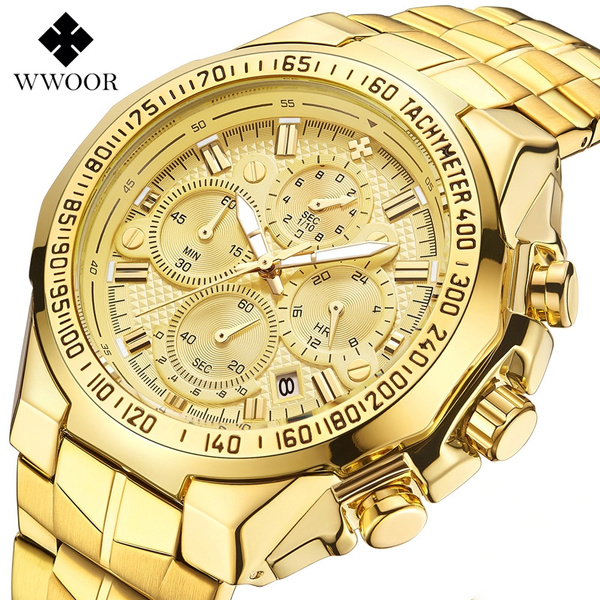 Luxury Men Quartz Watch Stainless Steel Band Wrist Watch Business Men Fashion Casual Gold Chronograph Watch Man Gold Big Dial Male Watches Relogio