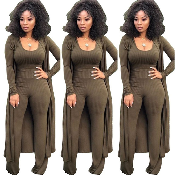 Women's 3 Piece Outfits Tank Crop Top Cardigan Cover-up with Long Pants ...