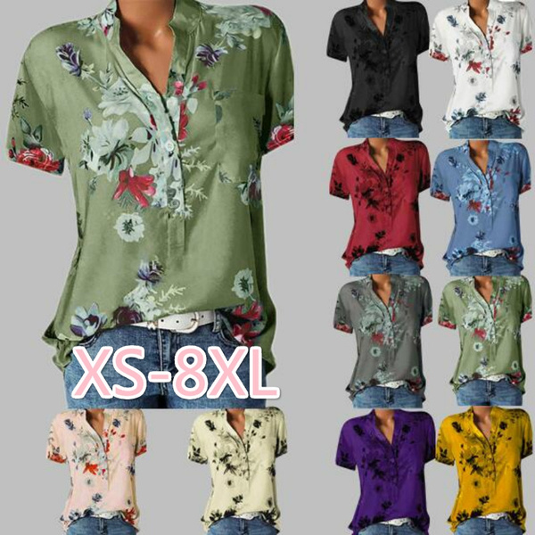 aihihe Womens Plus Size Tops Crew Neck Short Sleeve Floral Print Button Down Cotton Linen T-Shirt Casual Blouse 