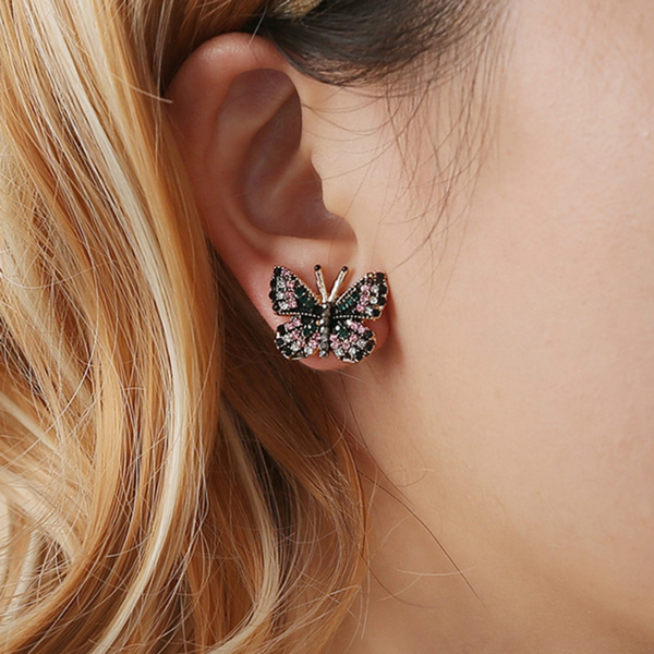Colorful Rhinestone Inlaid Butterfly Stud Earrings Gold