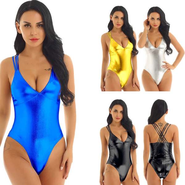 Womens Shiny Metallic PVC Leather Deep V Camisole Bodysuit One Piece  Swimsuit Bathing Suit