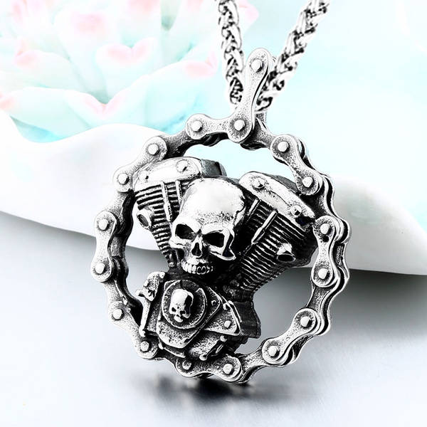 Mens Motorcycle Engine Necklace Biker Pendant Heavy Stainless Steel Punk 