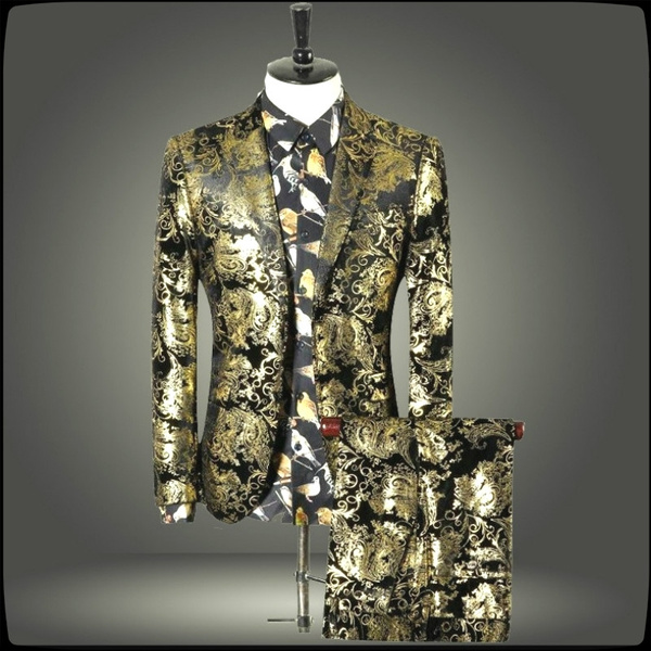 Paisley Wedding Suits Men Brand Design Black Gold Floral Tuxedo Men Slim  Fit Mens Dress Suits Stage Costumes Jacket + Pants | Wish