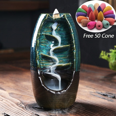 Ceramic Waterfall Backflow Incense Burner Incenser Holder Home Decor Aromatherapy Ornament with 50 Cone Incense