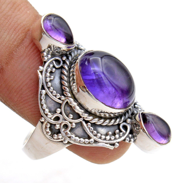 Bali Style-Amethyst Cab 925 Sterling Silver Jewelry Handmade Ring Size 8.5#KD-567