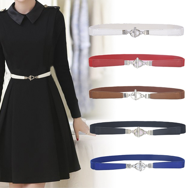 Women Fashion Waist Belt Narrow Stretch Dress Belt Thin Buckle Waistband LU 