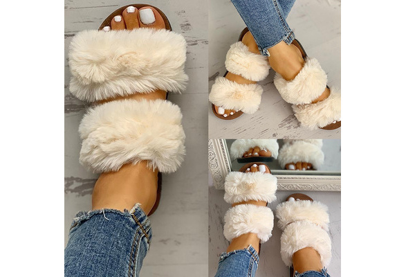 fluffy design open toe flat shoes