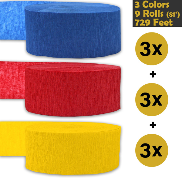 Classic Yellow Bleed Resistant 3 Colors Classic Red 9 rolls 739 ft 243 per color Sapphire Blue - For party Decorations and Crafts Flame Resistant Crepe Party Streamers 3 rolls per color, 81 foot each roll Made in USA 