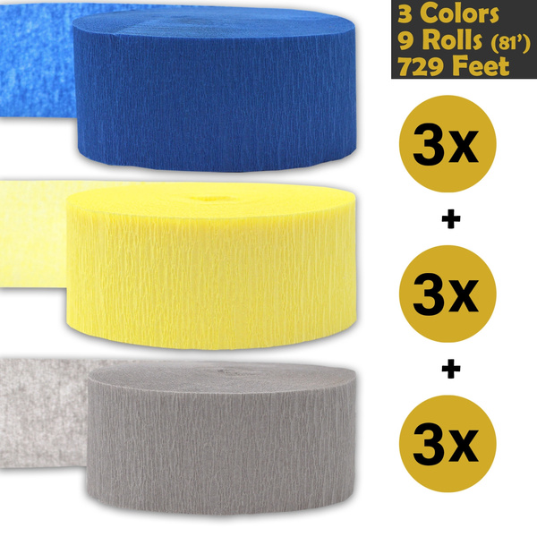 739 ft - For party Decorations and Crafts Gray 9 rolls 3 Colors Made in USA Bleed Resistant Crepe Party Streamers 3 rolls per color, 81 foot each roll 243 per color Orange Sapphire Blue Flame Resistant 